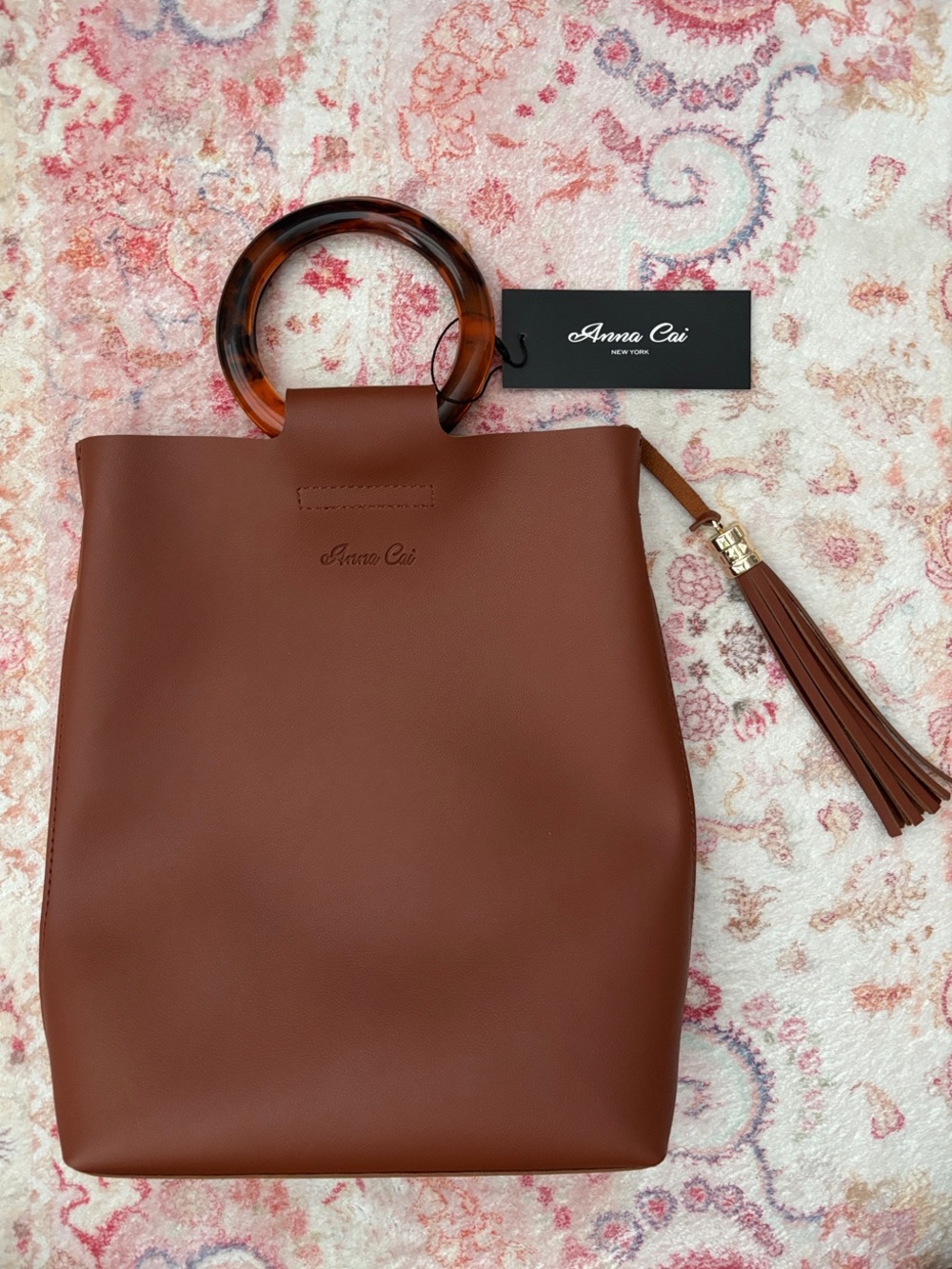 Anna Cai Chestnut Faux Leather Tote with Tortoiseshell Handles